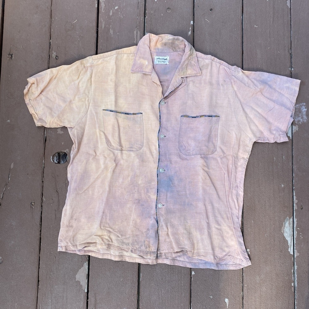 Vintage 50s Orange Faded Rayon Loop Collar Shirt Short Sleeve Medium Pennleigh